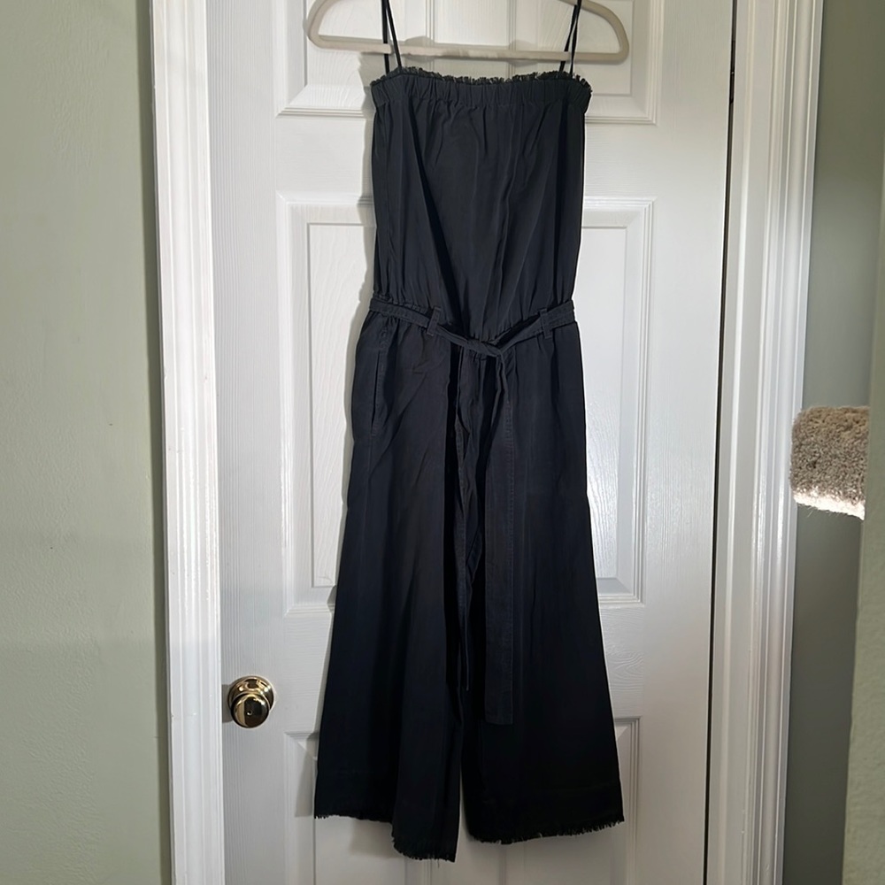 Strapless Bella Dahl jumpsuit in smoked gray with fray detail